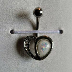 Crystal Paved Heart w/ Opal Glitter Half 316L Surg Steel Belly Button Ring White